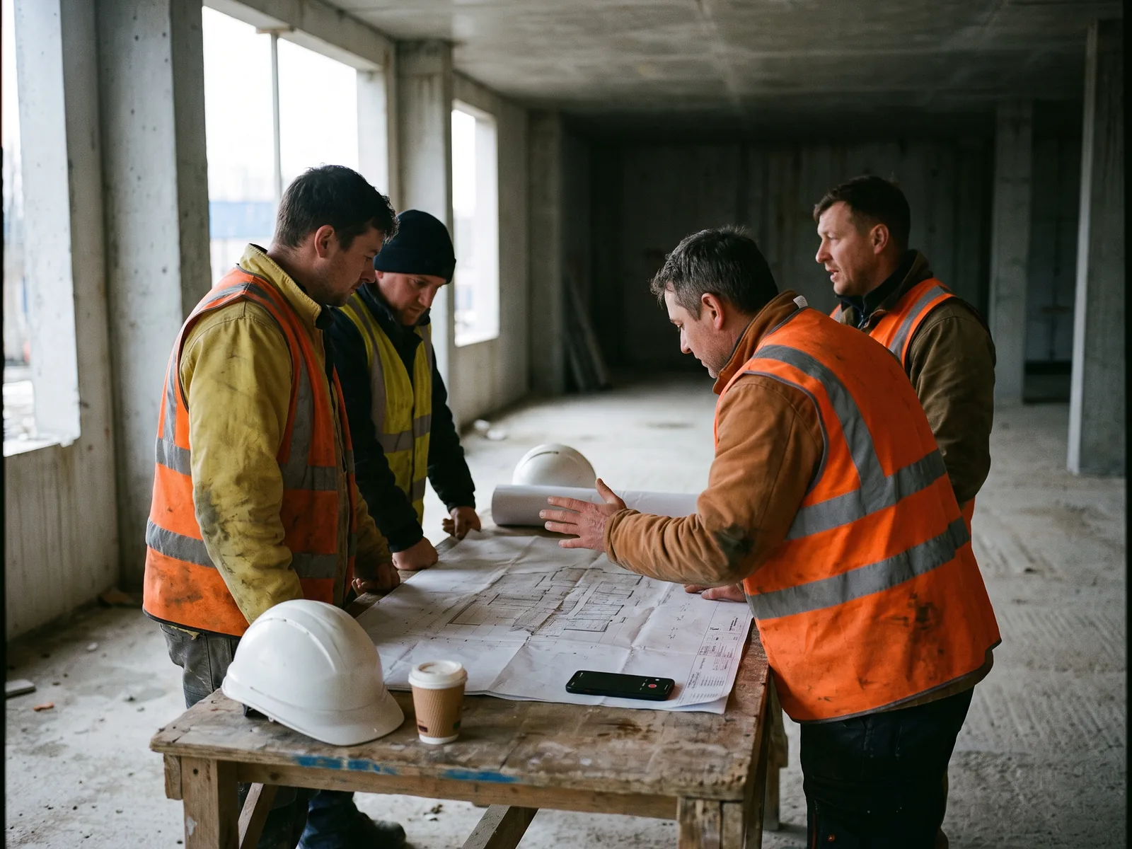 Baubesprechung mit Bauleitung und Gewerken über einem Plan im Rohbau