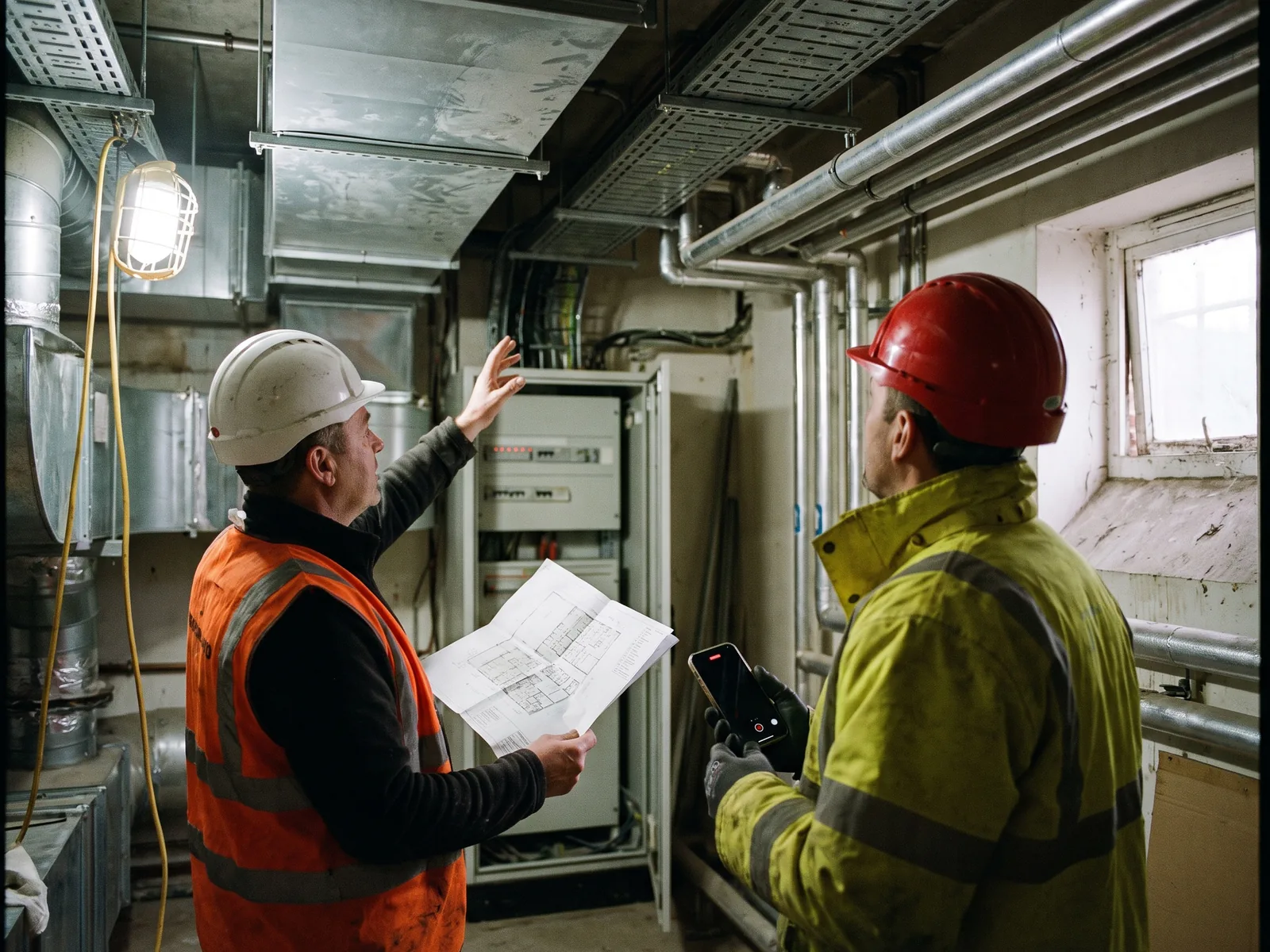 Fachplaner koordinieren technische Leitungsführungen auf der Baustelle