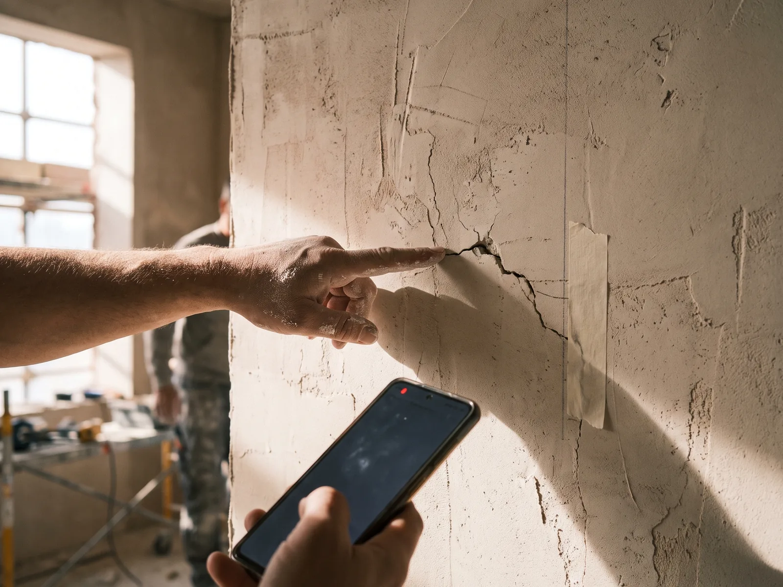 Mängelbegehung: ein Finger zeigt auf einen Riss im Putz, das Telefon nimmt auf