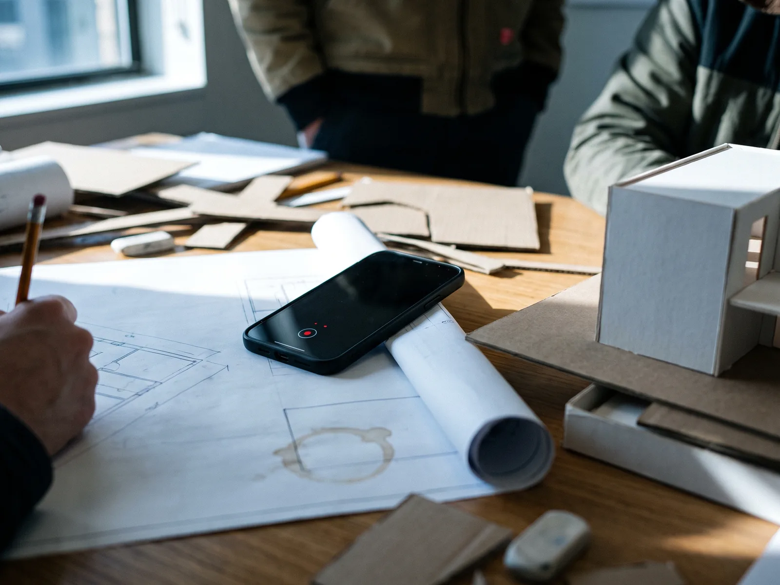 Planungsbesprechung im Architekturbüro über Grundriss und Arbeitsmodell