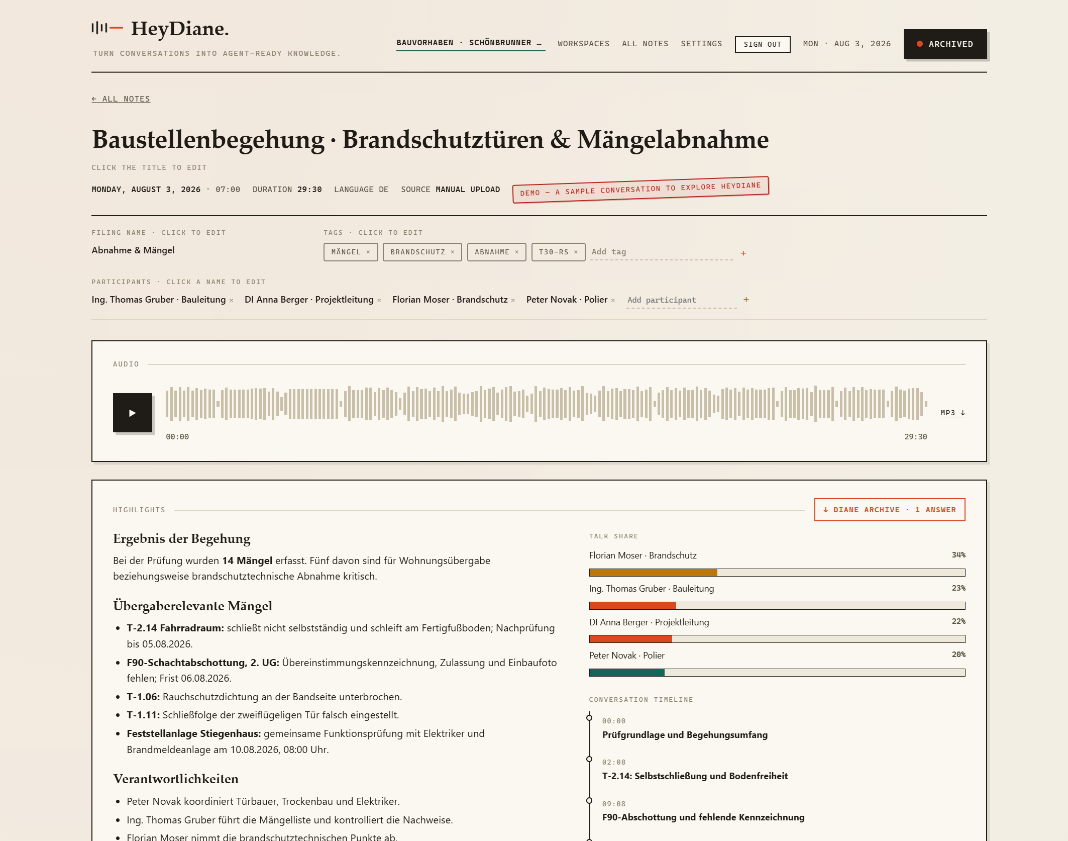 Originaler HeyDiane-Arbeitsstand mit Audio, Mängeln, Verantwortlichkeiten und Gesprächs-Zeitleiste