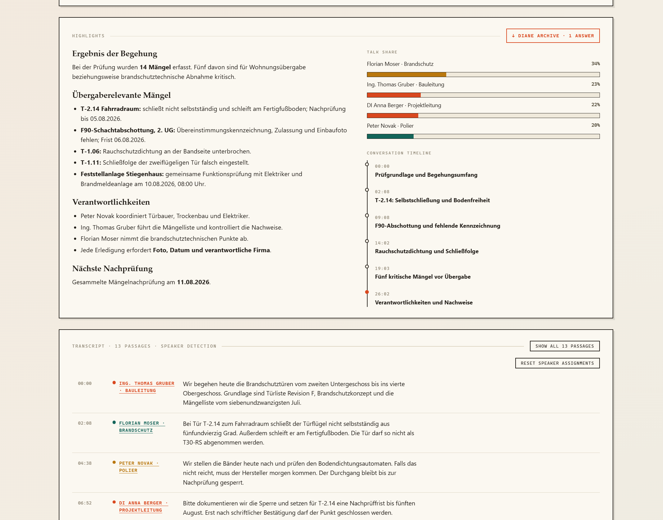 Originale HeyDiane-Ansicht mit Highlights, Sprecheranteilen und Transkript