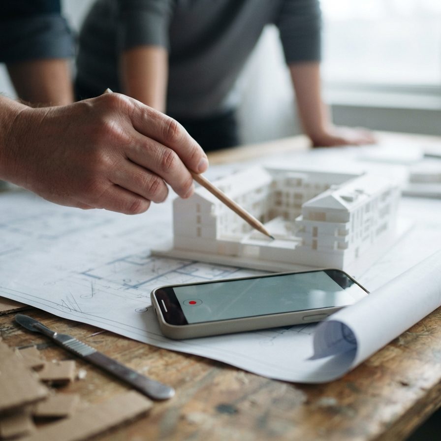 A pencil pointing at a white cardboard building model on an unrolled floor plan, a phone recording lying on the drawing.