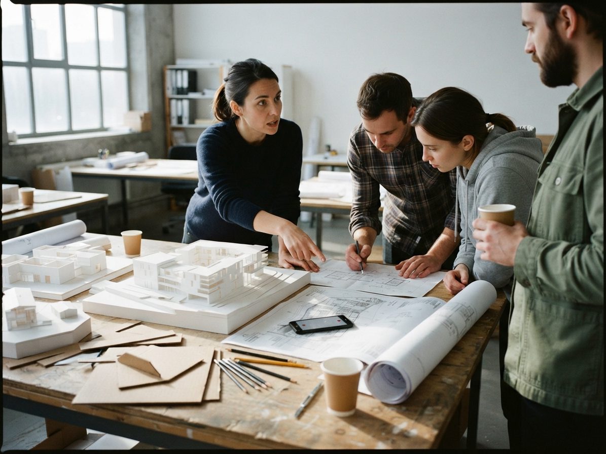 Four architects leaning over a studio table of white massing models and unrolled drawings, discussing a change, a phone recording on the plan.