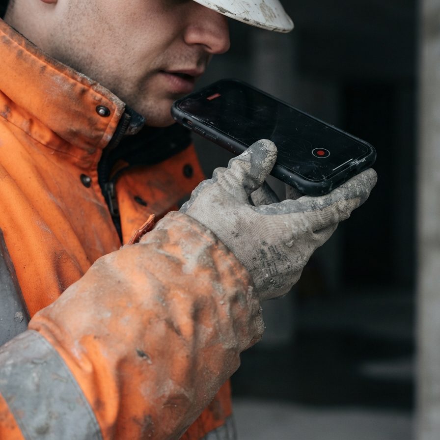 Close view of a dust-covered work glove holding a phone up to speak a voice note on the concrete shell of a building.