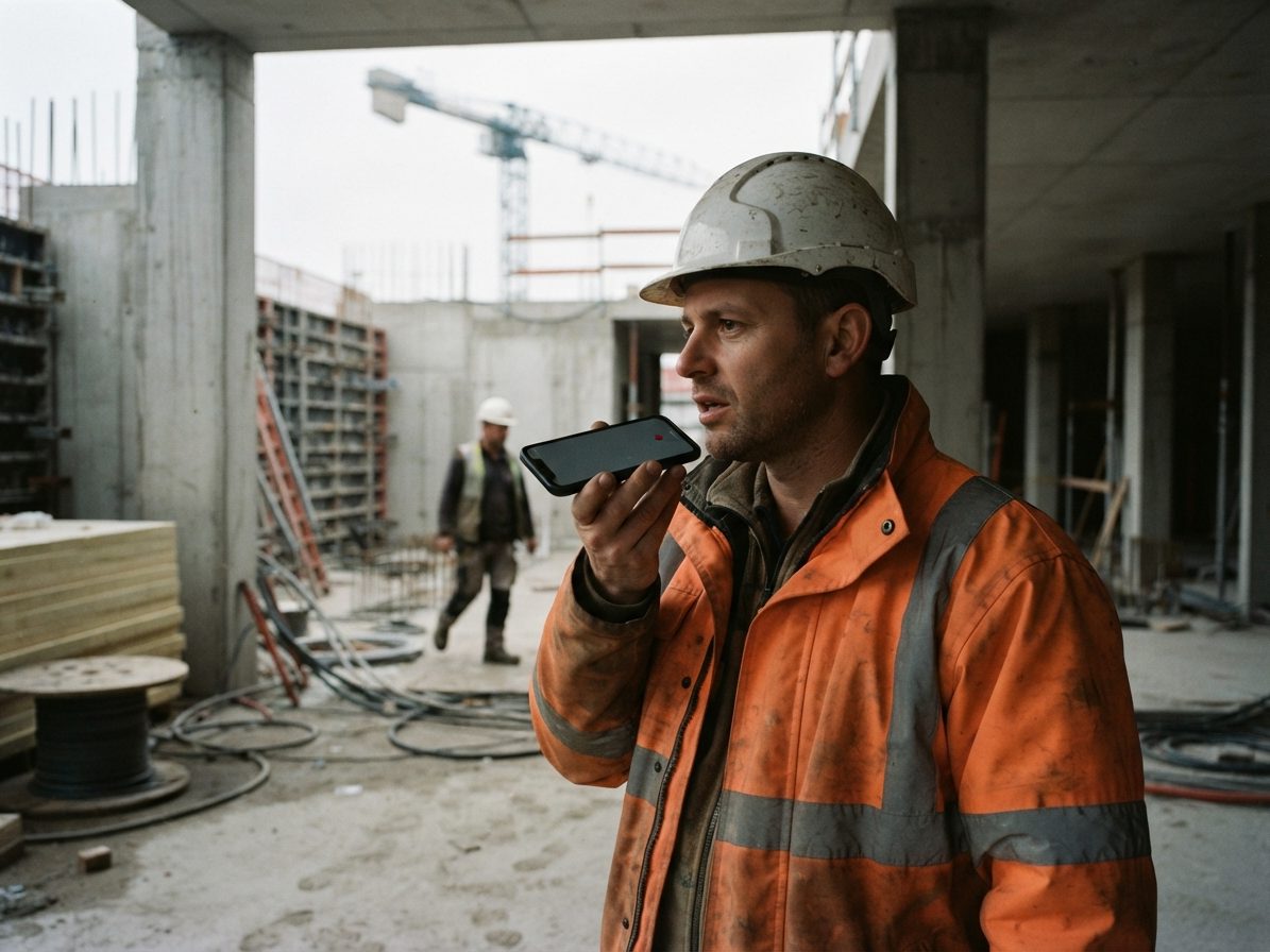 Site manager in a dusty orange hi-vis jacket and helmet speaking a voice note into a phone on an unfinished concrete floor, a crane and a second worker behind him.