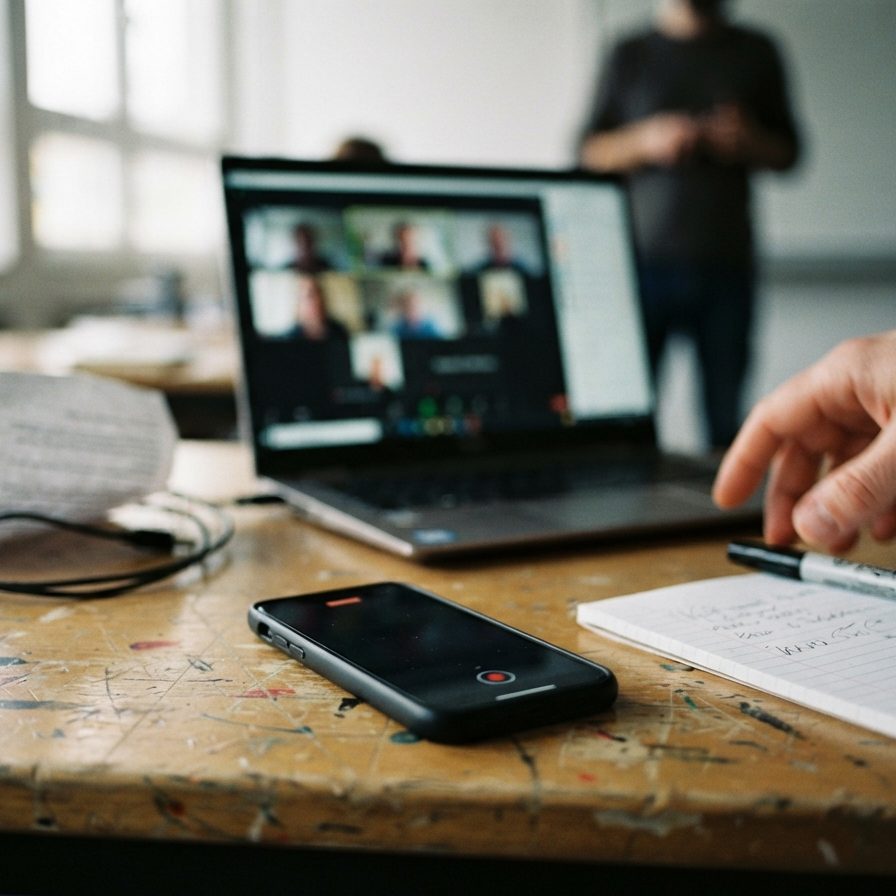 A phone recording on a scratched classroom desk, the laptop beside it showing the remote participants, a hand reaching for the notepad and marker.
