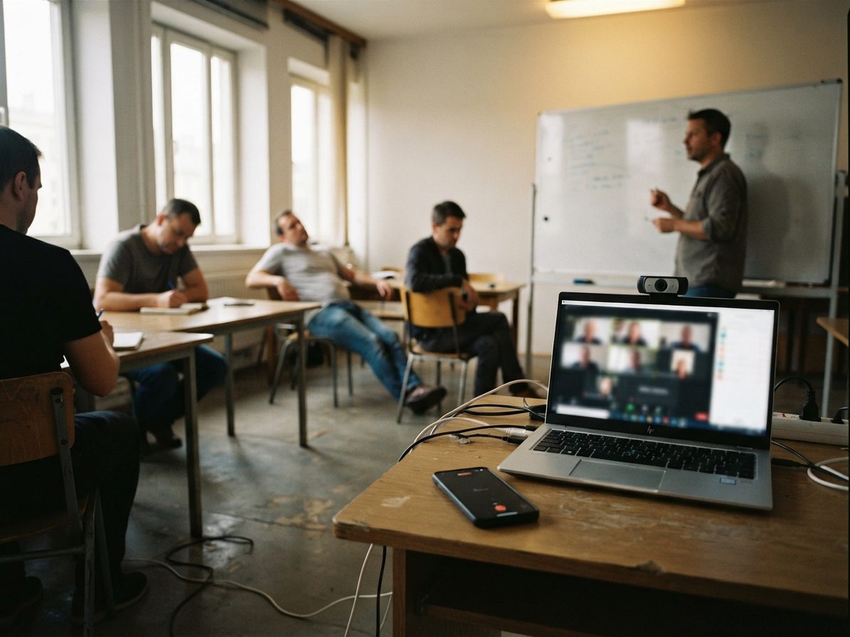 Adult evening class run as a hybrid session: a trainer writes on the whiteboard for the participants at the desks and for those joining through the webcam on the laptop, a phone recording on the desk in the foreground.