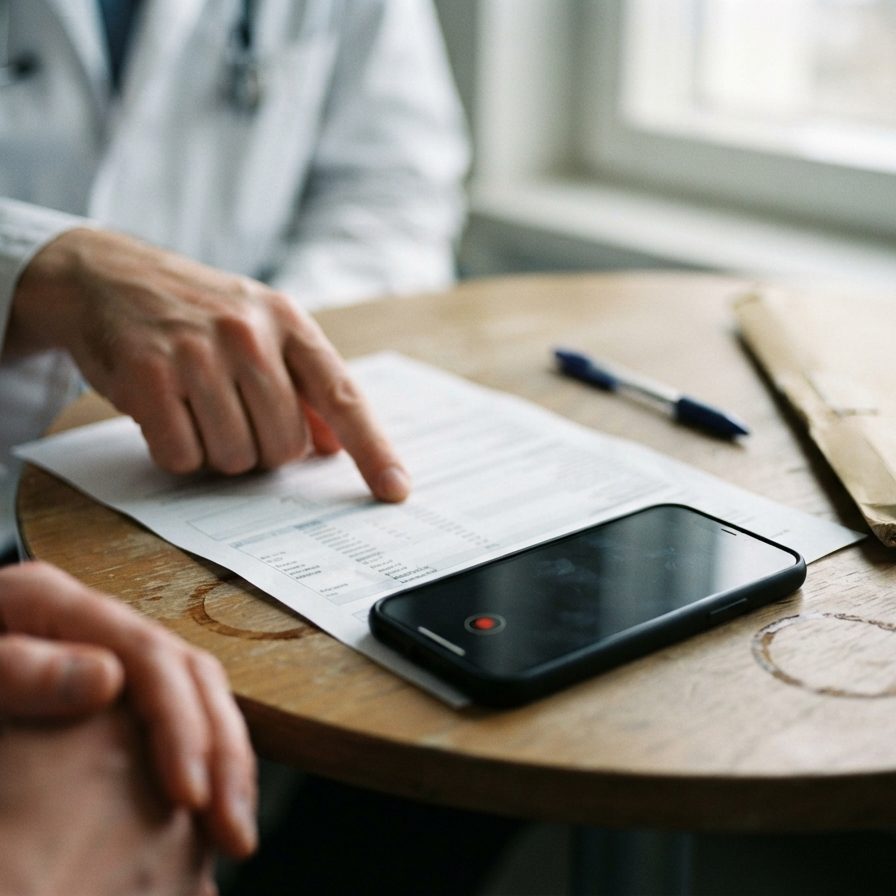 A doctor's hand pointing at a line on a printed findings sheet, a phone recording on the table beside it.