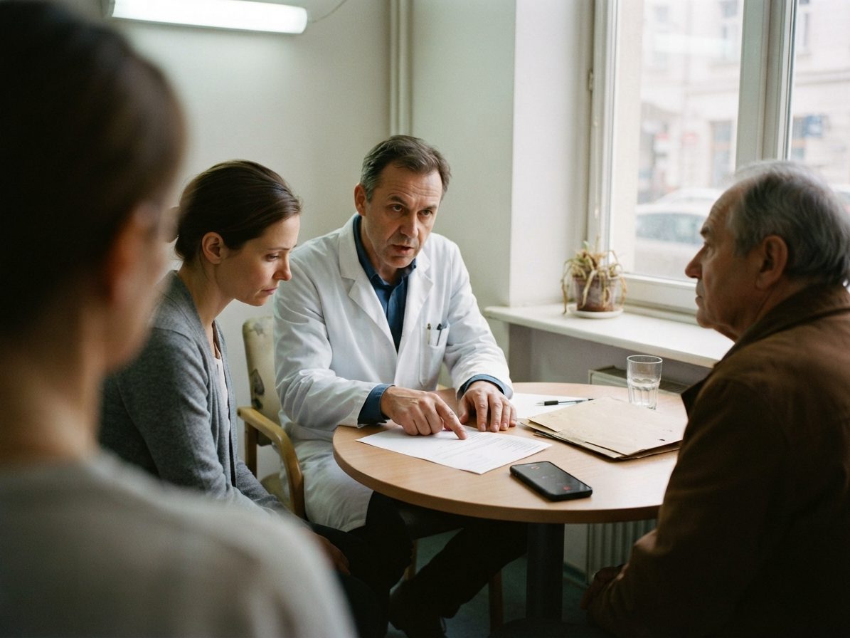 Doctor in a white coat going through a findings sheet with a patient and two relatives around a small consulting-room table, a phone recording next to the paper.
