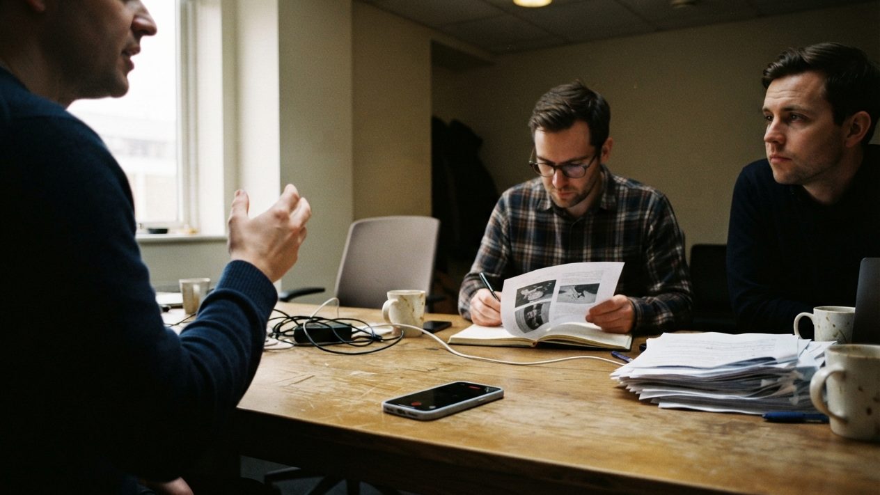 Three colleagues around a worn wooden meeting table, one of them mid-sentence with a raised hand, while a phone lies flat on the table recording the conversation.