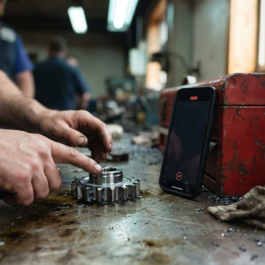 Oil-stained hands pointing at a machined gear on the bench, with a phone recording propped against the tool box behind it.