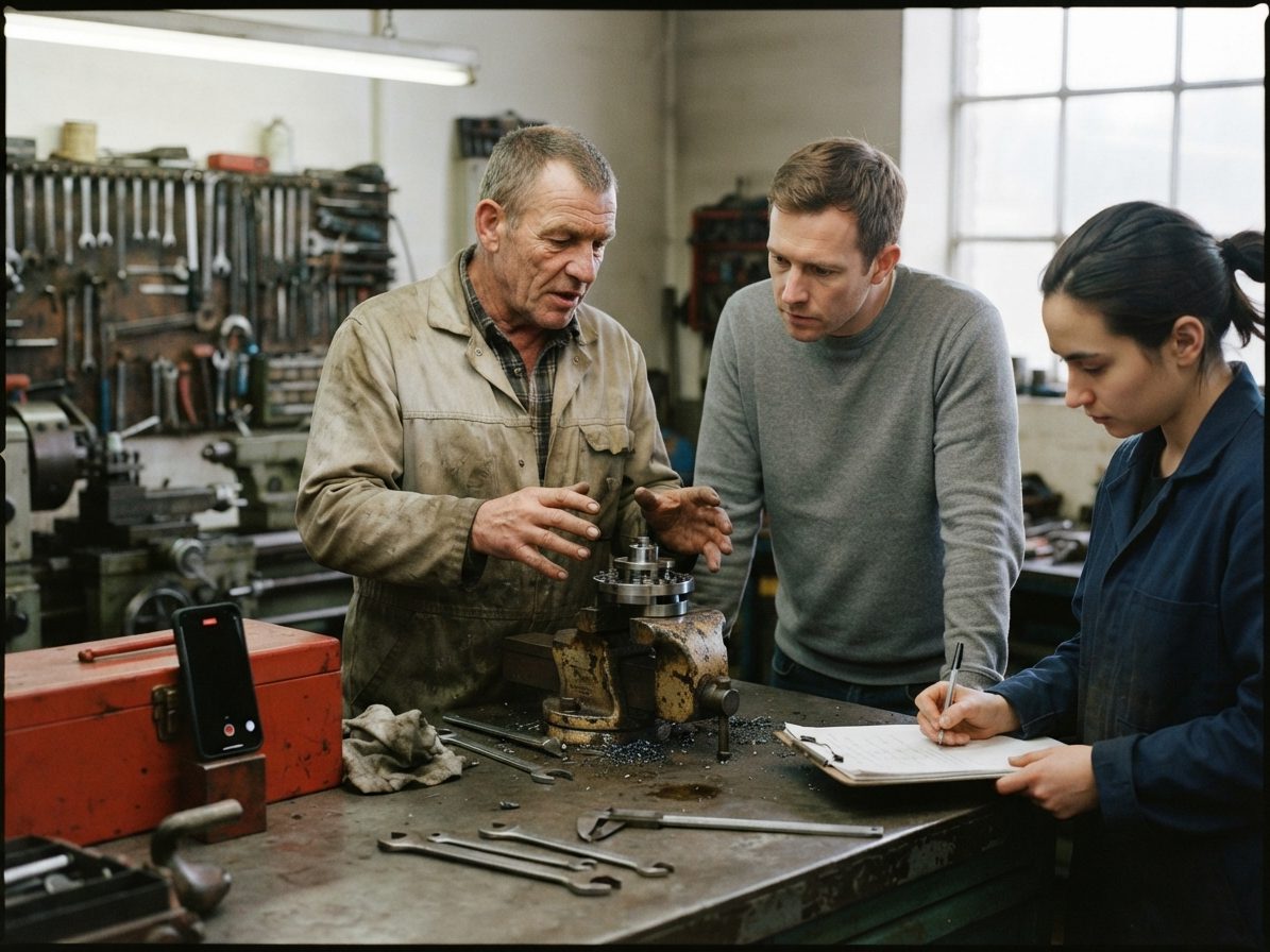 Machine shop review: a machinist explains a turned part at the vice while two colleagues watch and take notes, a phone recording propped against the red tool box.
