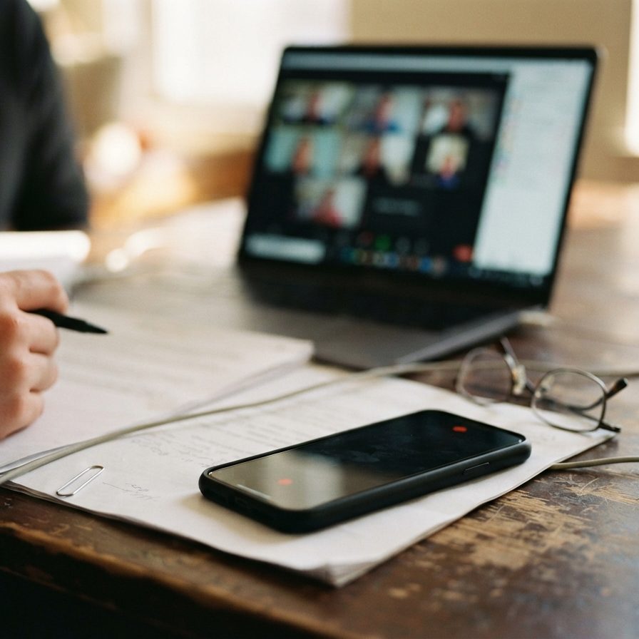 A phone recording on a stack of case documents, reading glasses beside it and the video call open on the laptop behind, a hand writing in the margin.