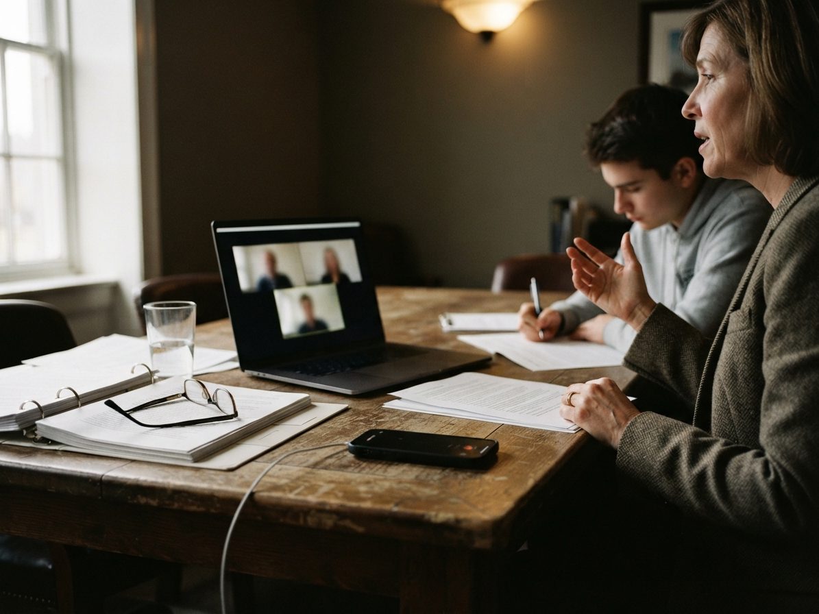 Case conference in a wood-panelled office: a lawyer speaks to three colleagues joining by video on the laptop while a second lawyer takes notes, ring binders and statements across the table, a phone recording beside them.