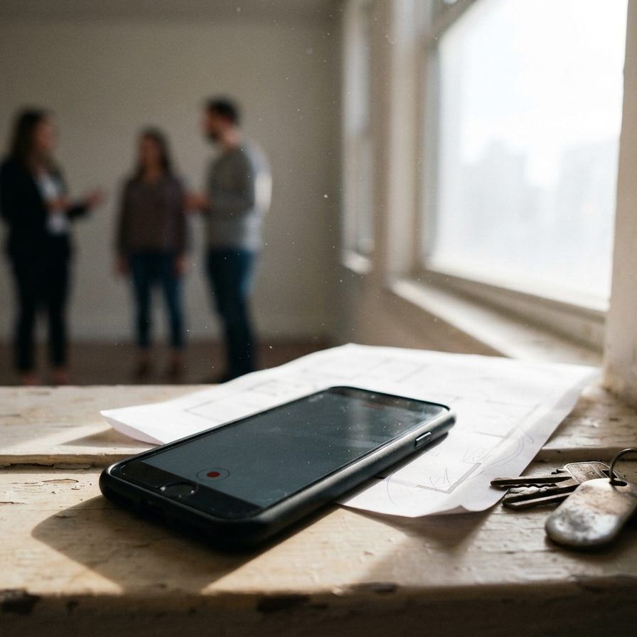 A phone recording on a sunlit window board next to a floor plan and a set of keys, the viewing going on out of focus behind it.