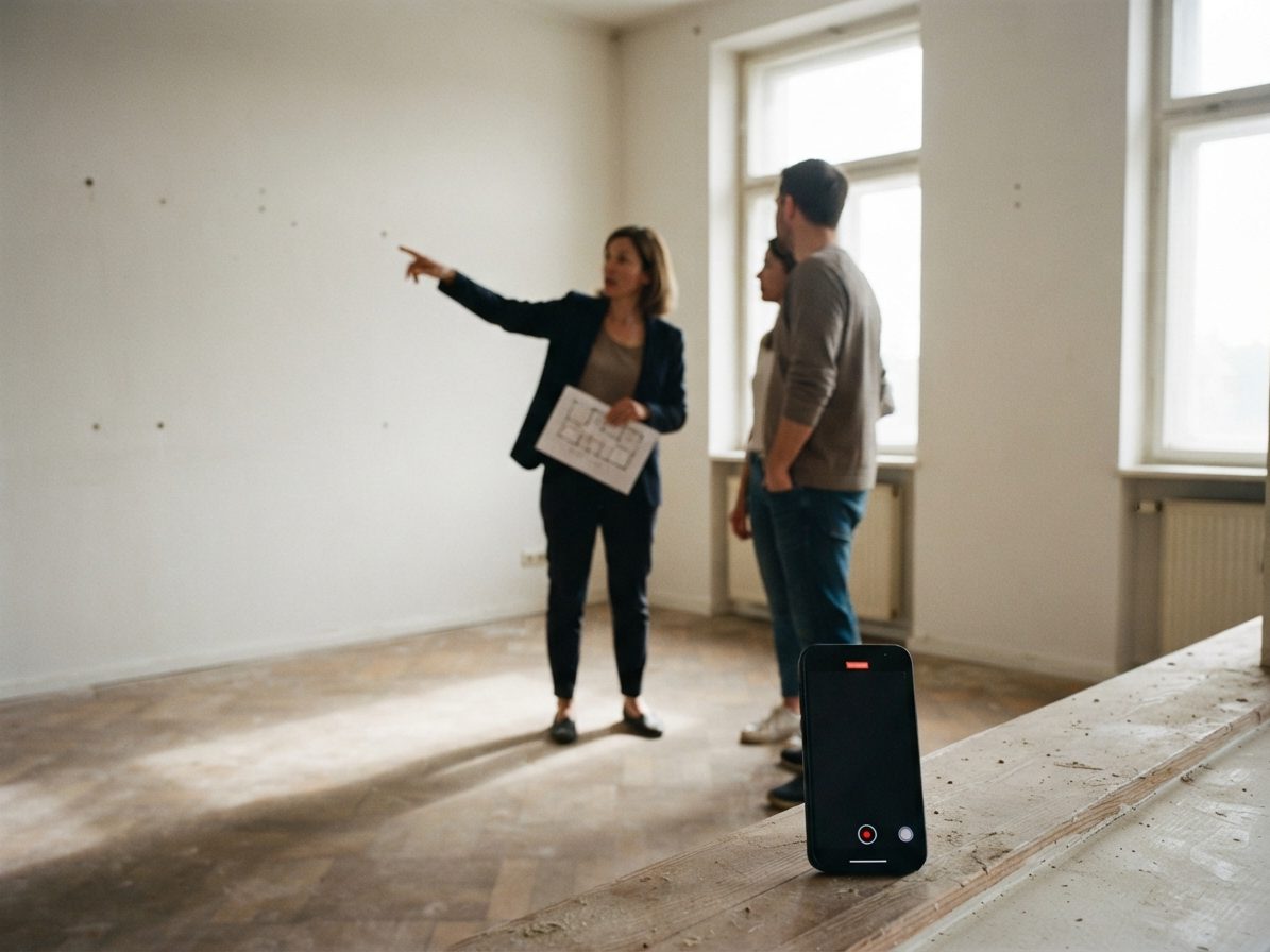 Agent showing an empty, unrenovated flat to a couple, pointing across the bare room with the floor plan in hand, a phone recording on the window board.