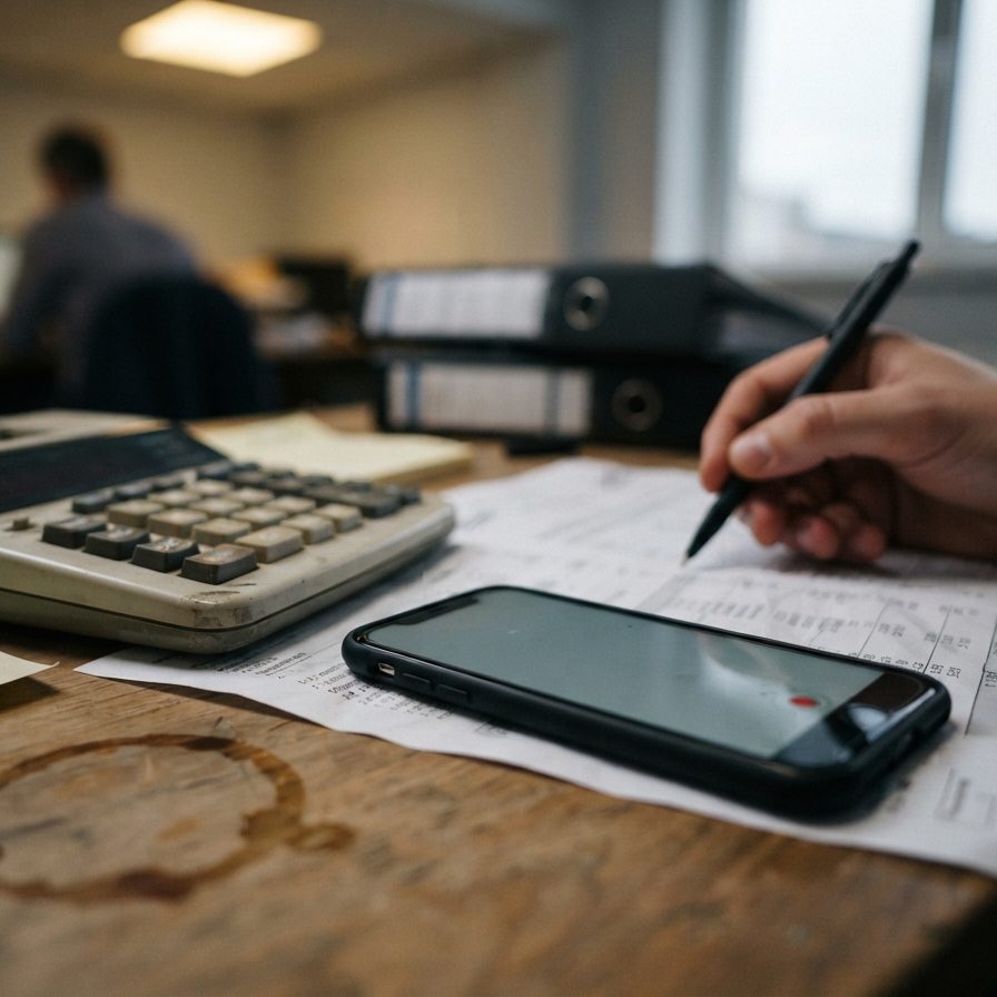 A hand annotating a printed statement beside an old printing calculator, a phone recording on the paper.