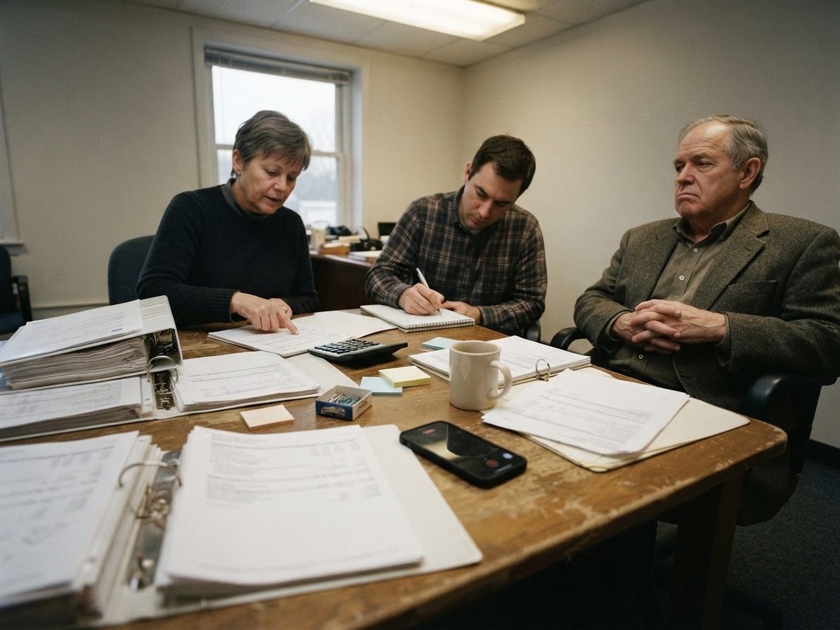 Year-end review in a small accounting office: three people going through ring binders and printed statements at a table, a phone recording between the folders.