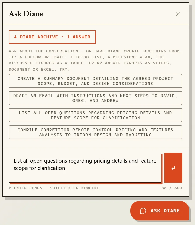 Ask Diane chatbox with suggested tasks and a typed request to list all open questions