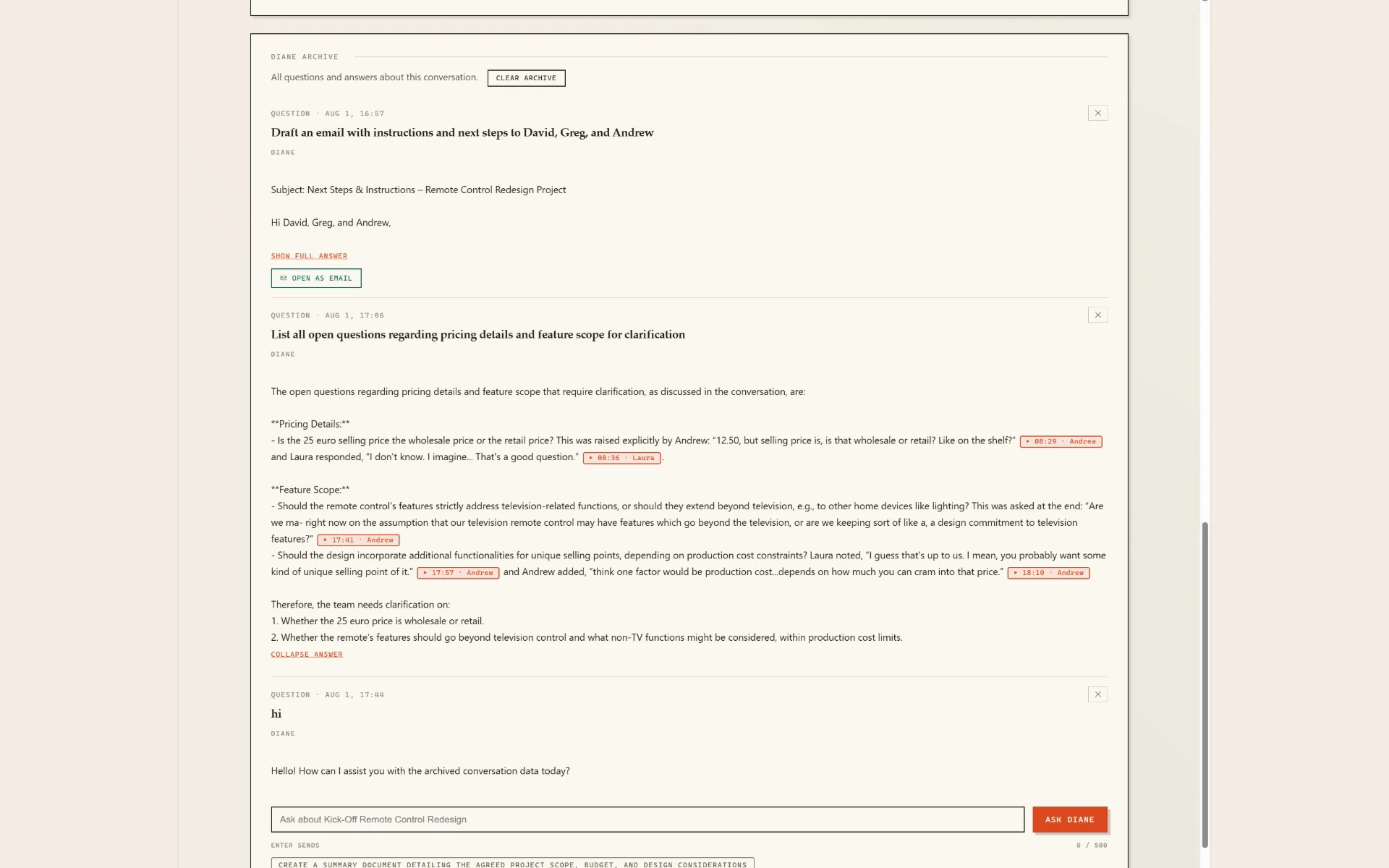 Diane archive with a generated follow-up email and answers carrying source citations