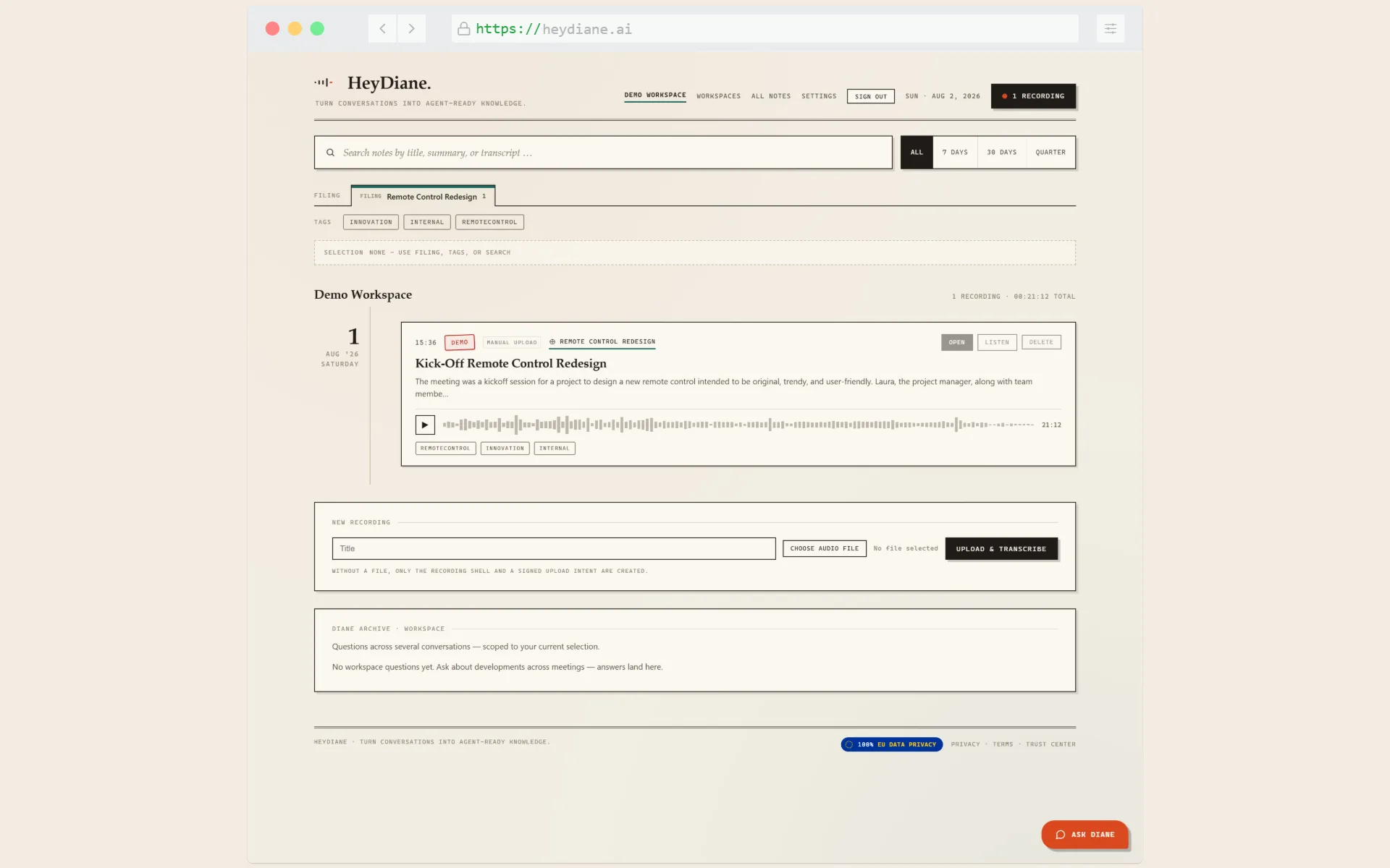 HeyDiane workspace with search, time filters, filing, tags and a recording card