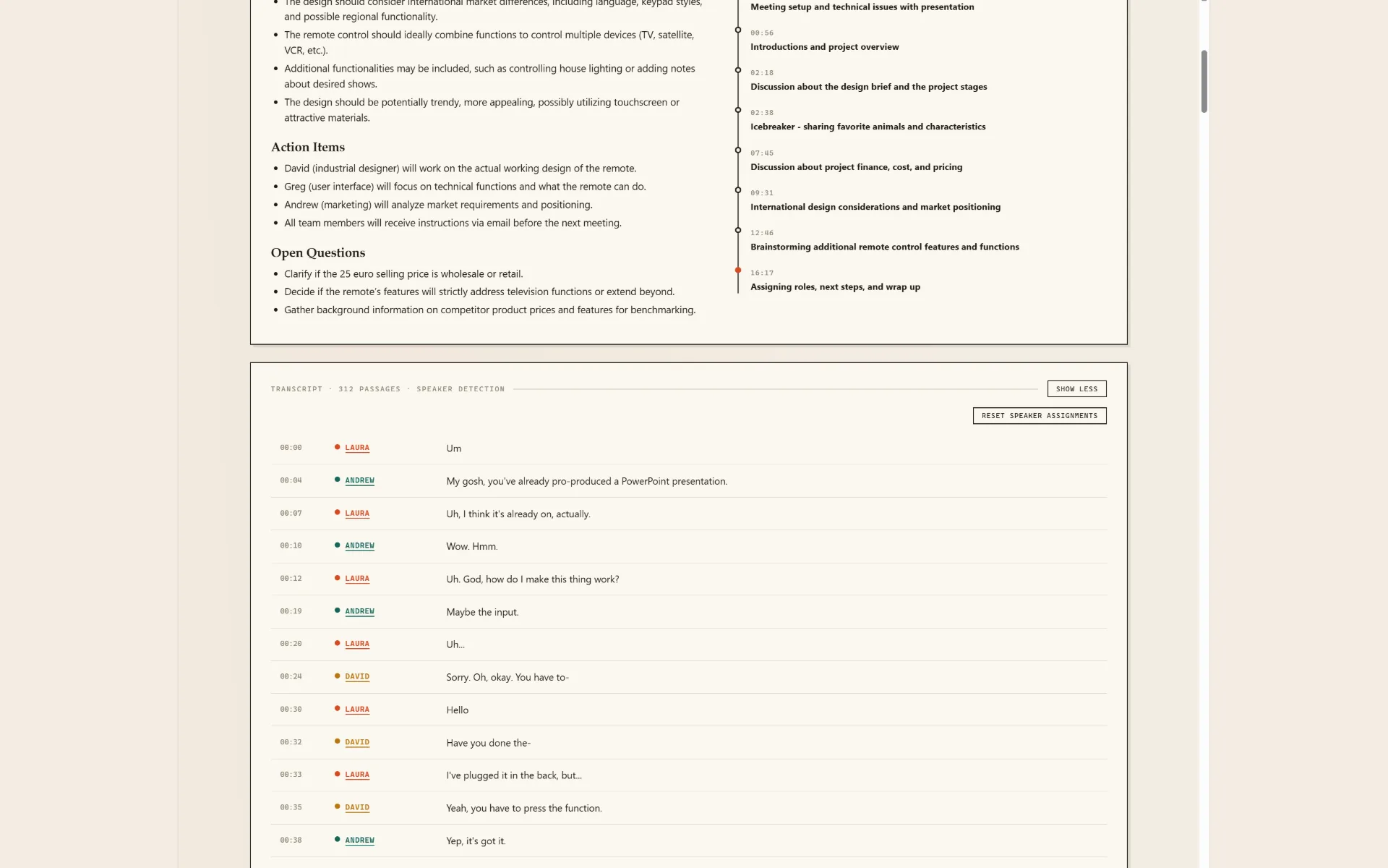 Timestamped transcript with color-coded speakers and the reset speaker assignments control